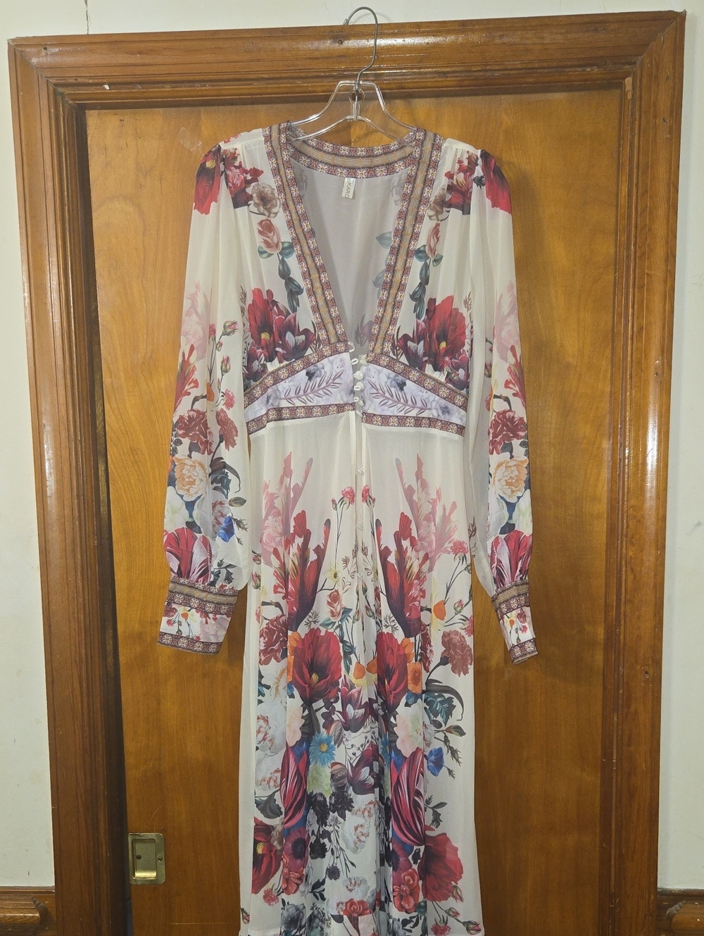 Floral Maxi Dress - Cream with Red & Pink Floral Print